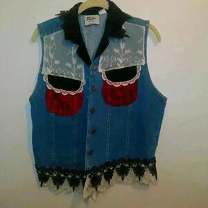 Taylor G. Dallas Texas Blue Denim Vest with Lace & Velvet Size XLarge  (Z)